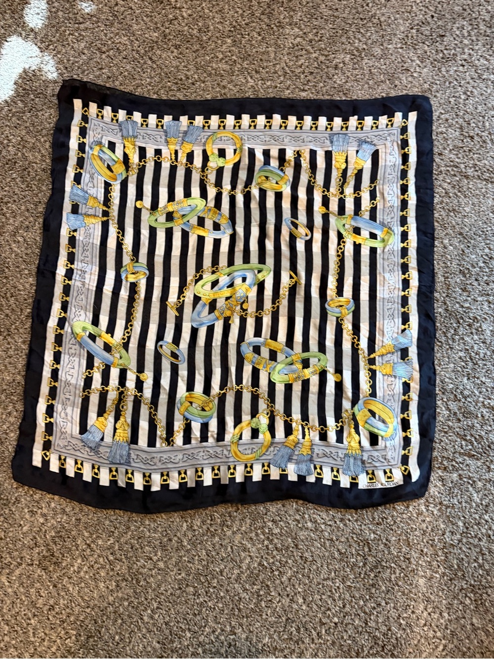 Silk-Charles Jourdan Black & White Striped Scarf with Gold Chain Print